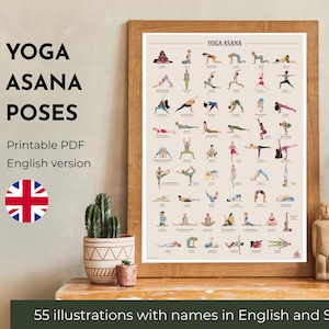 Yoga Asana Poster with 55 Yoga Poses in English Sanskrit teachers & studio, yoga training, download Printable-Yoga-Poster Vinyasa Art