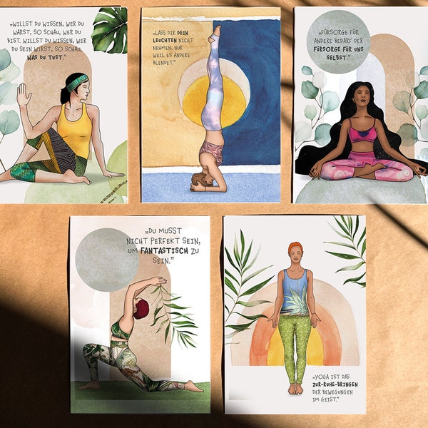 YOGA POSTKARTEN SET  - Yoga Pose - Asana Illustration - Inspirierende Zitate