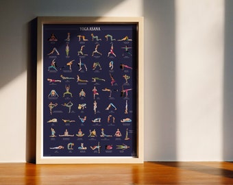 Yoga Poster mit 55 Asana Übersicht Sanskrit, Posen, Geschenk für Yogalehrer & Yogis, Übungen Yoga lernen, Download Datei Print