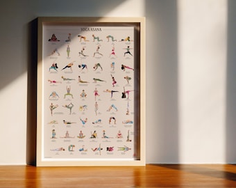 Affiche de yoga avec 55 Asanas Aperçu Sanskrit, Poses, Cadeau pour les professeurs de yoga et les yogis, Art mural imprimable, Exercices, Télécharger l’impression de fichiers