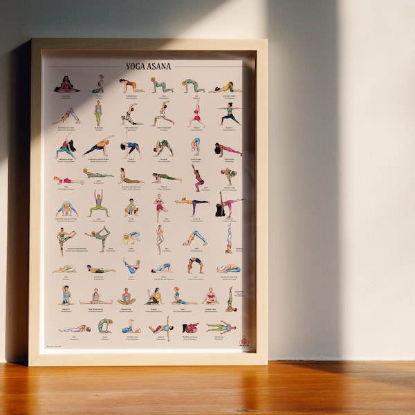 Yoga Poster with 55 Asana Overview Sanskrit, Poses, Gift for Yoga Teachers & Yogis, Printable Wall Art, Exercises, Download File Print