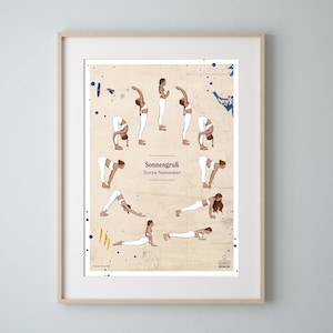Può includere: Un poster stampabile con sfondo beige e dettagli in blu e oro. Il poster presenta una serie di illustrazioni di una persona che esegue le 12 pose del saluto al sole, noto anche come Surya Namaskar. Il testo "Sonnengruß Surya Namaskar" è stampato in blu nella parte superiore del poster.
