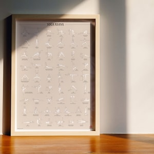 May include: A framed poster with the title "Yoga Asana" and illustrations of different yoga poses. The poster has a beige background and black outlines of the poses.