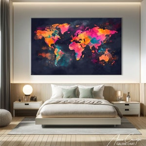 Grote wereldkaartprints op canvas, kleurrijk, wereldkaart wandkunst in aquarel, reisprints wandkunst, abstracte kaartkunstprint, decoratie voor over de bank