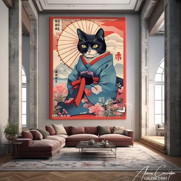 Pintura de gatos japoneses, impresión de arte de pared de gatos, impresión de lienzo de animales, marco de impresión de arte japonés moderno, ideas de regalos para amantes de los gatos, arte de pared de gran tamaño