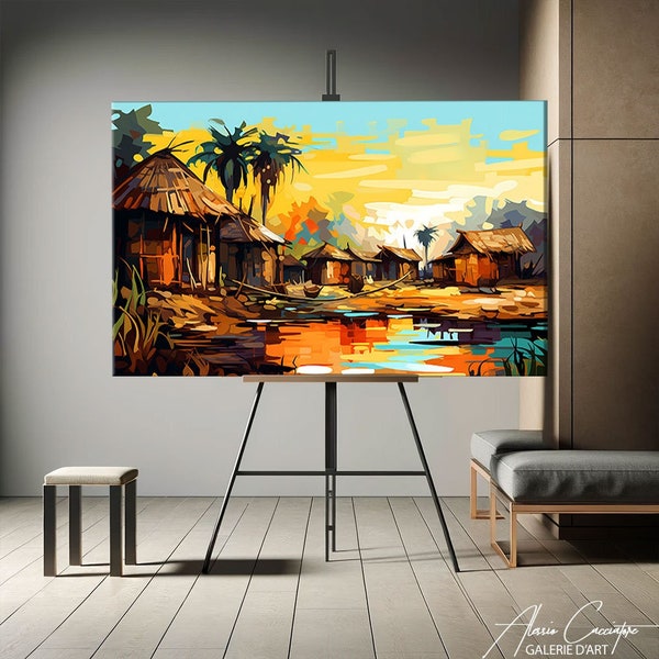 Large Abstract Art Canvas, African Village Canvas Art, African Landsape Art Abstract Painting, Landscape Wall Art Print, African Gifts Ideas