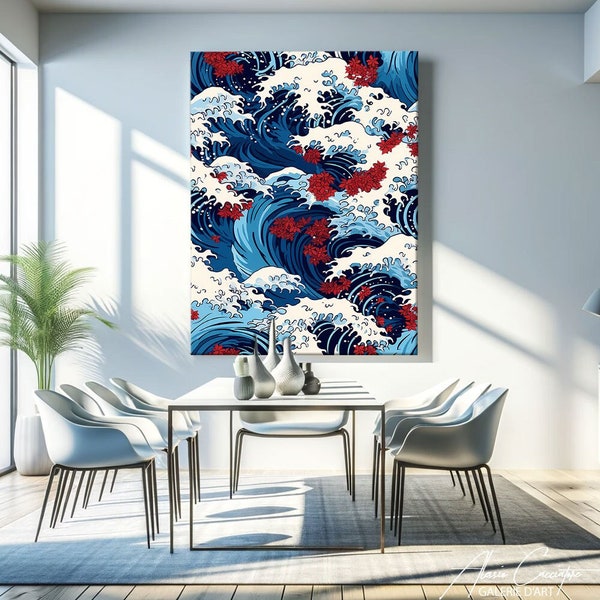 Japanese Wave Art Print, Blue Wall Art Prints, Modern Canvas Art, Colorful Abstract Print, Oversized Wall Art Modern, Housewarming Gift Home