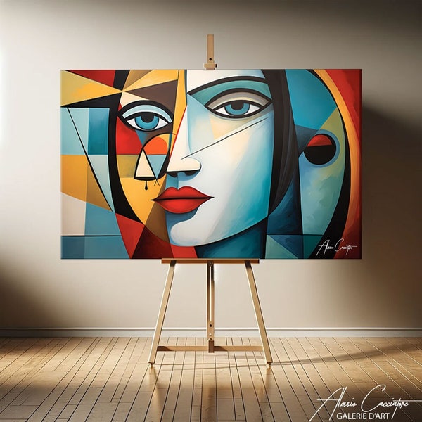 Female Portrait Art Woman, Cubism Wall Art, Abstract Geometric Art Print, Cubist Painting, Housewarming Gift New Home, Above Couch Decor