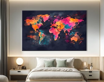 Large World Map Prints On Canvas Colorful, World Map Wall Art Watercolor, Travel Prints Wall Art, Abstract Map Art Print, Over Couch Decor