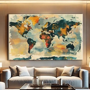 Große Weltkarte Leinwand, Abstrakte Weltkarte Wandkunst Leinwanddruck, Weltkarte Kunstdruck gerahmt, Über Couch Dekor, Geschenk für Reisende