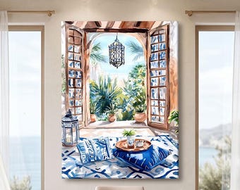 Moroccan Wall Art Framed, Mediterranean Prints Abstract, Patio Wall Decor Large, Boho Wall Art Canvas, Oriental Art Print