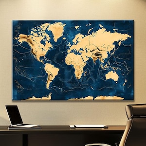 Luxuriöse Wandkunstdrucke, Edles Zimmerdekor, Weltkarte Wandkunst Leinwand, Erddruck, Marineblaue Wandkunstdrucke, Geschenk für Reisende Männer