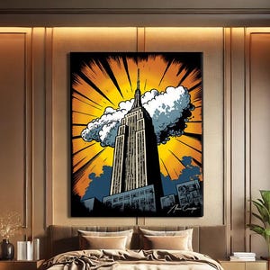 New York Wall Art Vertical, Vintage Comic Book Art, Statement Wall Decor, New York Skyline Art, Urban Wall Art