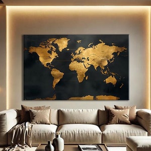 Wereldkaart in zwart-goud, wanddecoratie op canvas, gouden kaart, kunstprint met reismotief, wanddecoratie met reismotief, extra grote horizontale moderne wanddecoratie