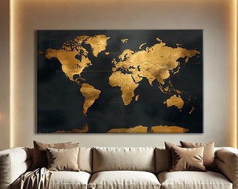 Black And Gold World Map Wall Art Canvas Gold Map, Wall Map Art Print, Travel Prints Wall Art, Oversized Wall Art Horizontal Modern