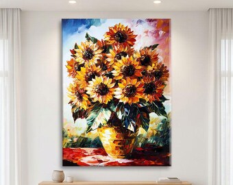 Botanical Wall Art Modern, Abstract Floral Print, Sunflower Art Canvas, Statement Wall Art Vertical, Bouquet Art Print