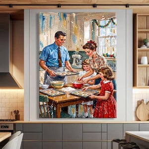 Peut inclure: Une grande impression d'art mural rectangulaire représentant une famille préparant des biscuits dans une cuisine. La scène montre un parent et deux enfants disposant des biscuits sur des plaques de cuisson, dans un style pictural coloré.