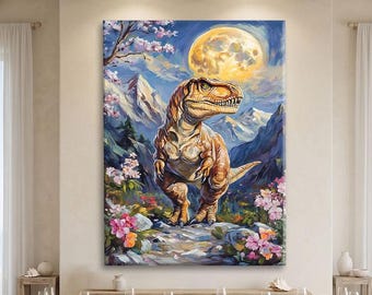 Dinosaur Wall Art Modern, T-Rex Art Print, Whimsical Wall Decor Animals, Abstract Floral Art Print, Mountain Wall Art Vertical
