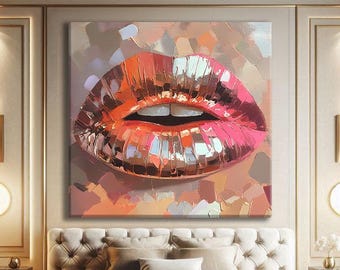 Fashion Wall Art Modern, Square Art Print Large, Glam Wall Decor Living Room, Lips Wall Art Framed, Beauty Salon Decor