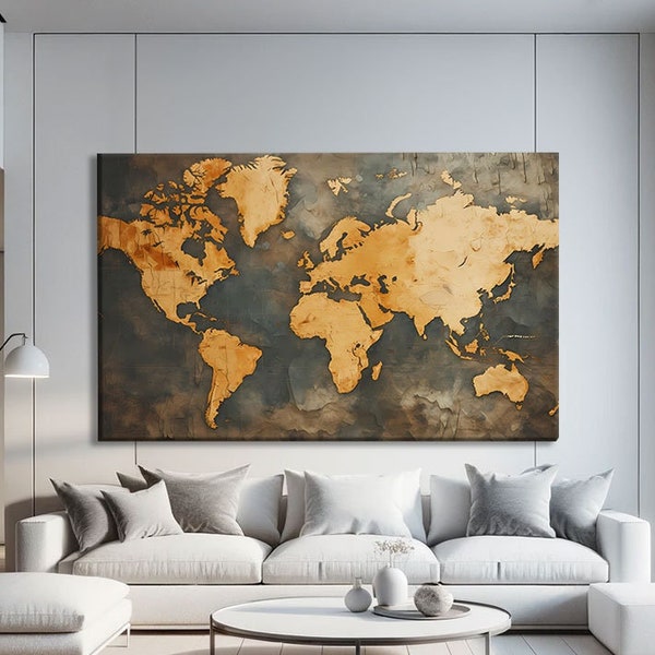 Vintage World Map Print On Canvas, Travel Wall Art Print, Abstract Map Wall Art, Map Of The World Wall Art, Oversized Canvas Art