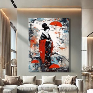 Geisha Wandkunst, Japanisches Gemälde, Geisha Malerei, Japanisches Aquarell, Frauen Gesicht Wandkunst, Extra große Wandkunst Abstrakt