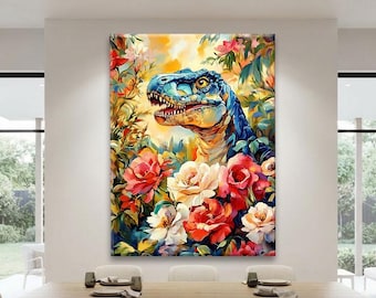 Dino Wall Art Canvas, Botanical Print Modern, Quirky Wall Decor Framed, Statement Wall Art Vertical, Peony Print Abstract