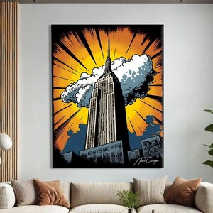 empire state building canvas print new york comic pop art urban wall decor NYC gift orange yellow wall art comic book city print nyc skyline canvas retro illustration decor bold graphic wall art new yorker gift manga style city canvas black orange wall decor office statement art american city print expat new york gift above desk decor travel memory canvas graphic novel inspired pop culture city art vertical bold print