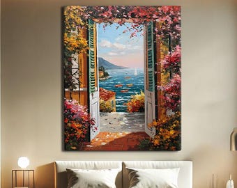 Open Window Wall Art Canvas, Italian Art Print Modern, Coastal Wall Decor Abstract, Mediterranean Wall Art Framed, Floral Print Vertical