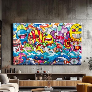 Impresión abstracta de arte pop, arte mural de cultura pop, impresión de arte de dibujos animados, pintura urbana, impresión de arte de monstruos para guardería, impresión de arte de cómic, decoración para cama.