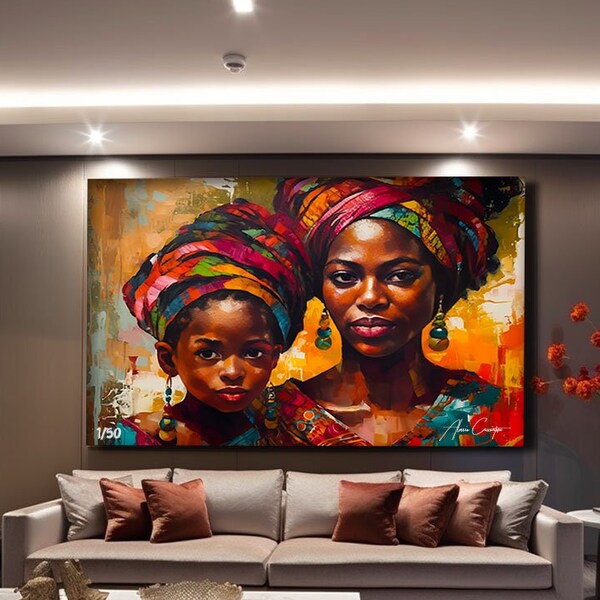 African American Wall Art For Living Room, Large Abstract Painting Canvas Original, African Canvas Art Mid Century, Black Woman Painting Art