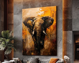 May include: A large abstract painting of an elephant's head in shades of brown, yellow, and orange. The painting is hanging on a wall in a modern living room with a gray sectional sofa and a coffee table.