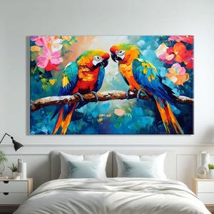 Stampa di pappagallo colorato, decorazione della giungla per la cameretta dei bambini, arte murale floreale per la camera da letto, dipinto di ara incorniciato, stampa di uccelli tropicali, regali di animali selvatici