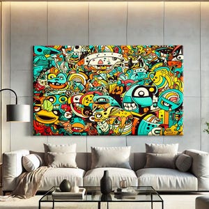 Tela artistica graffiti, stampa artistica funky da parete, stampa pop art, dipinto di cartoni animati su tela, tela scarabocchiata, stampe di street art, decorazione sopra il letto