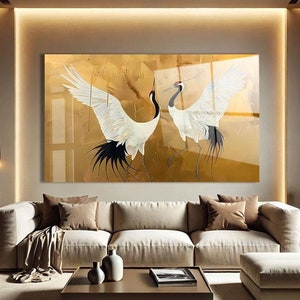 Impresión de arte mural japonés, arte abstracto en vidrio, arte mural de grulla japonesa, arte de plexiglás, arte de vidrio templado con estampado de aves japonesas, regalos japoneses
