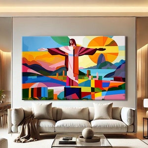 Arte murale di Rio de Janeiro, stampa d'arte brasiliana, arte murale moderna di metà secolo con cornice, stampe d'arte moderna cristiana, arte murale brasiliana