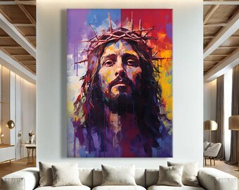 Jesus Wall Art Canvas, Graffiti Pop Art Prints, Jesus Crown Of Thorns Art, Modern Catholic Home Decor, Large Christian Art Print