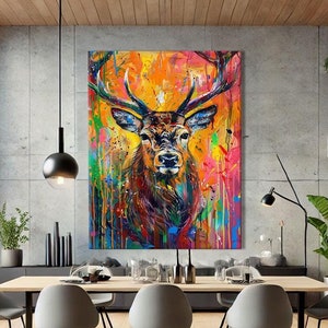 Hirsch WandKunst Dekor, Moderner Pop Art Druck, große Graffiti Kunst Leinwand, Moderne Drucke Wandkunst, Farbenfroher Tier Kunstdruck, Überbett Kunst