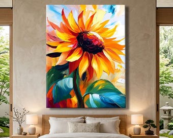 Sunflower Wall Art Colorful, Botanical Print Canvas, Floral Art Framed, Statement Wall Decor, Nature Wall Art Modern