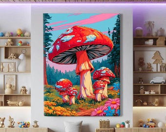 Psychedelic Wall Art Canvas, Mushroom Art Print Framed, Funky Wall Decor Colorful, Forest Wall Art Canvas, Trippy Art Print