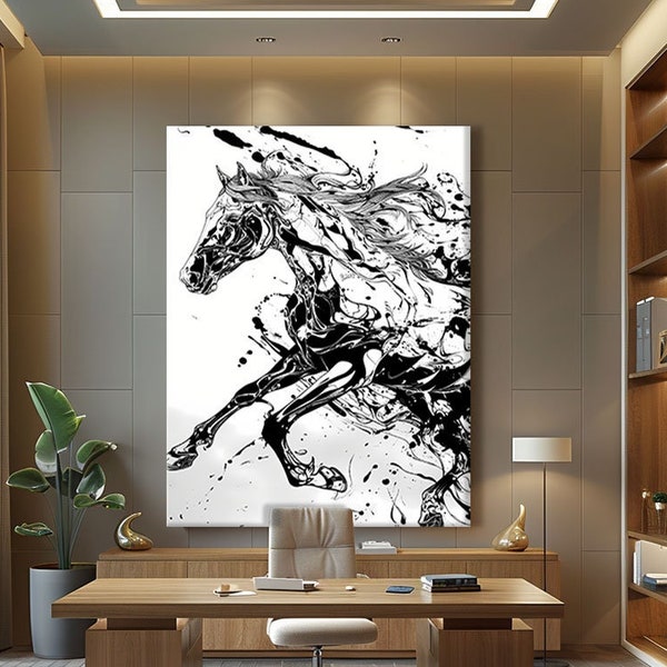 Black And White Horse Print On Canvas, Abstract Horse Wall Art Print Living Room, Wildlife Art Prints, Above Bed Art Nature Painting Print