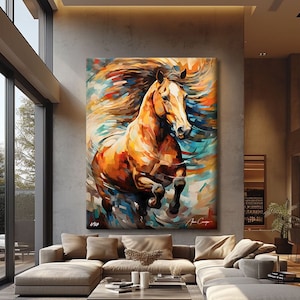 Pferde Wandkunst gerahmt, Abstrakter Pferde Kunstdruck, Tier Wandkunst, buntes Tiergemälde, Reiter Home Dekor, Große Bauernhaus Wandkunst