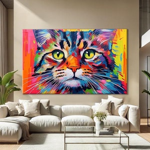 Cat Print Wall Art, Pop Art Canvas Large, Cat Lovers Gift Women, Abstract Bright Art, Colorful Animal Art Print, Oversized Wall Art Framed