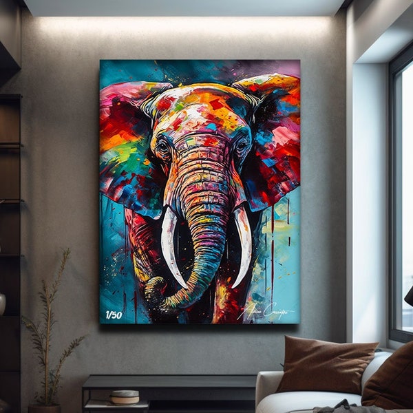 Colorful Elephant Wall Art Printable, Pop Art Canvas Painting, Graffiti Art Canvas Large, Elephant Painting Art, Over The Bed Wall Decor Art