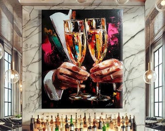 Champagne Wall Art Canvas, Bar Cart Art Print Framed, Statement Wall Decor, Graffiti Wall Art Modern, Glam Wall Decor Prints