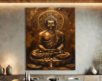 Puede incluir: Una gran pintura de Buda en tonos dorados domina un comedor moderno. La obra de arte presenta un Buda sentado con un halo, sobre un fondo oscuro. La habitación incluye una mesa oscura, sillas y una alfombra de tonos neutros, creando un ambiente sereno.