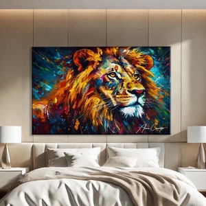 Stampa su tela con leone astratto, grande tela astratta, moderna tela da parete, dipinto di un leone colorato, regalo di inaugurazione della casa per la prima casa