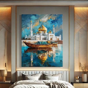 May include: A painting of a white mosque with gold domes reflected in a blue body of water. Two wooden boats are in the water in front of the mosque. The painting is framed and hanging on a wall in a bedroom.