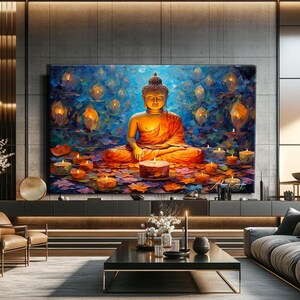 May include: A painting of a meditating Buddha in a golden robe, surrounded by glowing candles and lotus flowers. The background is a blue and purple gradient with a soft, ethereal feel.