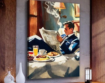 Breakfast Wall Art Canvas, Mid Century Modern Art Print, Man Cave Wall Decor, Masculine Wall Art Abstract, Old Money Decor