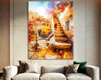 Tunisian Wall Art Canvas, Terracotta Art Print, Hallway Wall Art Print, Arabic Wall Art Framed, Tunisia Art Print, Watercolor Abstract Art